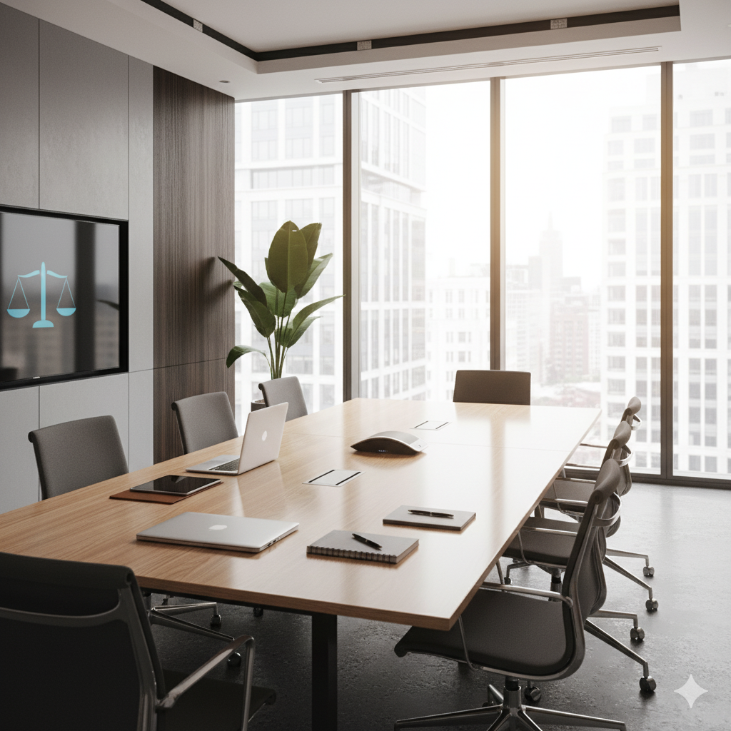 Una luminosa y moderna sala de reuniones de un bufete de abogados, con una gran mesa de madera clara, sillas de diseño ergonómico y tecnología sutil, bañada por la luz natural de amplios ventanales que dan a un paisaje urbano, sugiriendo profesionalidad y actividad reciente.